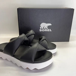 Sorel Viibe Twist Slide taglia 7,5 donna nero pelle smerlata plateau - Foto 1 di 11