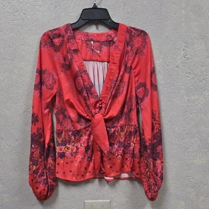 Free People Moonshine Tie Front Satin Feel Floral Red Women's Top XS - Picture 1 of 6