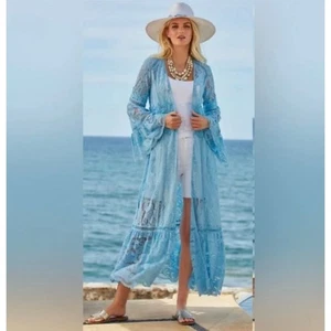 Maxi vestido de baño de playa Boston Proper de encaje azul aguamarina ropa de resort cubierta larga XS - Imagen 1 de 11