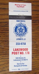 AMERICAN LEGION POST #178 MATCHBOOK COVER: LAKEWOOD, COLORADO MATCHCOVER -A9 - Picture 1 of 2