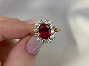5Ct Oval Cut Lab-Created Ruby & Diamond Engagement Ring 14K Yellow Gold Finish - Picture 1 of 6