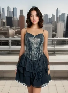 Vintage Firenze Santa Barbara Leder Stufen Mini Kleid Large Schwarz Whimsigoth 80’s - Bild 1 von 12