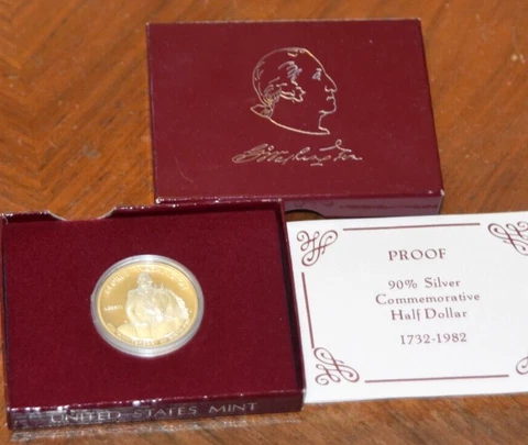 1732-1982 GEORGE WASHINGTON PROOF 90% SILVER COMMEMORATIVE HALF DOLLAR W/ COA Cover