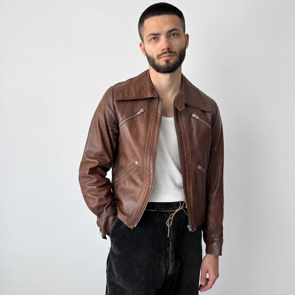 1960-е винтажная европейская коричневая укороченная кожаная куртка Pilot размер S/M - Изображение 1 из 4