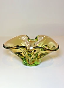 Murano-Style Hand-Blown Green & Amber Art Glass Dish / Ashtray – 7 x 3 Inches - Picture 1 of 15