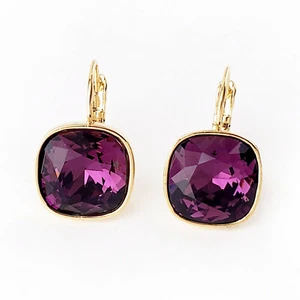 Amethyst Purple Gold Plated Drop Earrings w/ 12mm Cushion Cut Crystal Rhinestone - Picture 1 of 3
