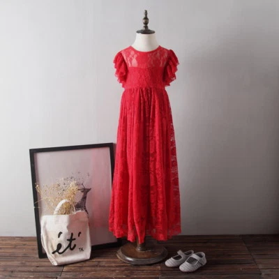 Vestido Rojo Largo Encaje Flor Niña Cumpleaños Boda San Valentín Boho Ellura Sage Foto 1 de 4