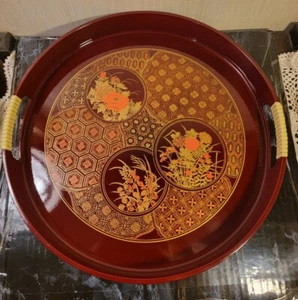 Vintage Lacquer Ware Made in Japan Hand Painted Round Drink Serving Tray 12.25  - Picture 1 of 11