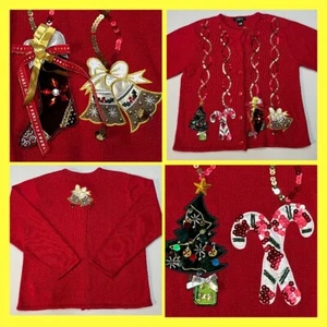Sparkly UGLY Christmas Sweater Cardigan Sz L Jingle Bells 3-D Sequins Chest 41” - Picture 1 of 16