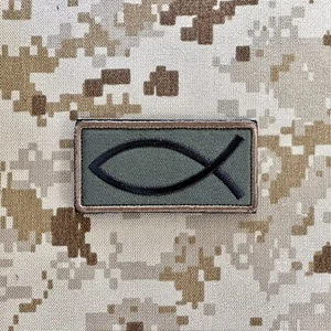 Ichthys Patch BROWN GREEN Jesus Fish Christian Morale Embroidered - Hook & Loop - Picture 1 of 2