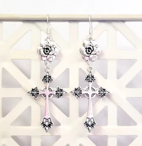 Rose Cross Earrings, Large Cross Earrings, Sterling Silver Cross Earrings Dangle - Picture 1 of 7