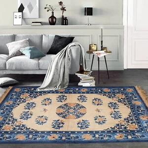 4' x 6' Vintage Hand Knotted Wool Chinese Art Deco Oriental Area Rug Beige 4x6 - Picture 1 of 9