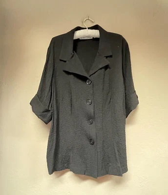 Sarah Bentley 女式大码 2X 纽扣纹理衬衫上衣 3/4 袖黑色 — 第 1/4 张图片