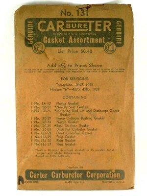 1938 Terraplane 1939 Hudson 6 NUEVO kit de junta de carburador 131 Foto 1 de 2