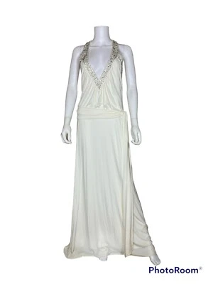 NWT $440 bcbg maxazria deep V beaded gown jersey maxi dress  Size L ~ Off White - Image 1 of 4