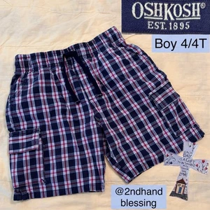Vintage EUC OshKosh Boys Plaid Cargo Shorts Sz 4/4T, Drawstring Waist, Blue Red - Picture 1 of 14