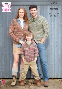King Cole Aran Knitting Pattern Ladies Mens & Childrens Cardigans 6305 - Picture 1 of 4