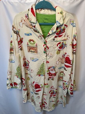 Nick & Nora Size XL Flannel Christmas Santa Nightgown Nightshirt Ivory Red Green - Image 1 of 4