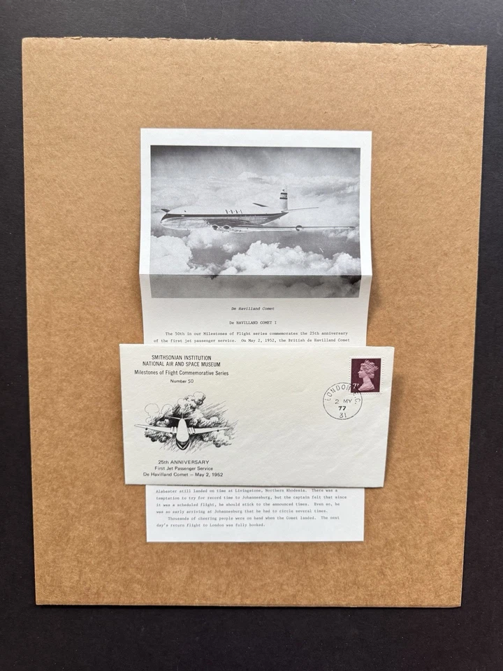 US 1977 Flight Millstone Cover#50 +1st Jet-Passenger +De Havilland Comet +Info - Image 1 of 1