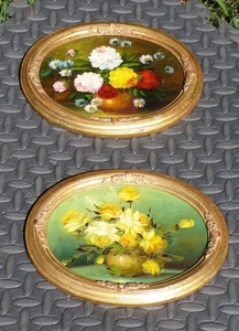 Vintage Pair Floral Still Life O/C Oil Paintings Oval Gold Frames Signed - Picture 1 of 8