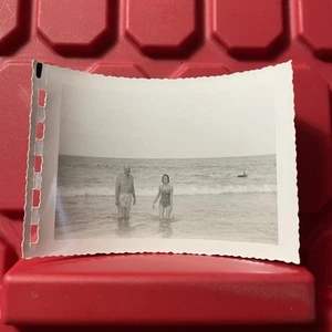 Father And Daughter At The Beach By Ocean 4 3/4 x 3 1/4 Photograph Vintage 1950s - Picture 1 of 3