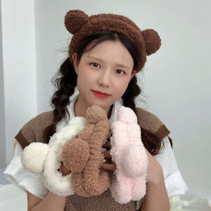 Women Girls Headband Cotton Plush Round Bear Ears Makeup Wash Elastic Hairband  