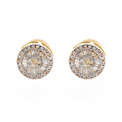 0.41 CT Natural Round & Baguette Diamond Cluster Stud Earrings 14k Yellow Gold - Image 1 of 3