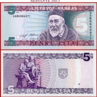 LITHUANIA 5 LITAI 1993 P 55 UNC free shipping from 100$ - Image 1 of 3