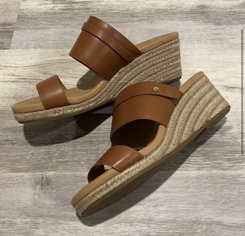 UGG Zoccoli Zeppa Pelle Mule Sandalo Punta Aperta Tessuto Cognac 8 5