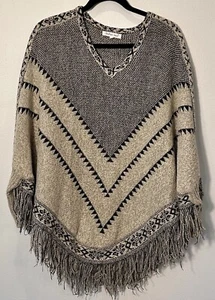 Indigo Soul Sweater Cape Poncho Women's One Size Tan Beige Black Aztec Mexican - Picture 1 of 8