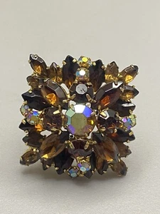 Vintage goldfarbene Topas Aurora Borealis Strass gestapelt Cluster Anstecknadel Brosche - Bild 1 von 5