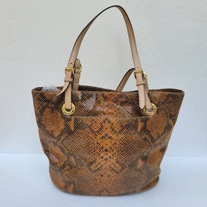 Michael Kors Python-Print Leather Tote Bag w/ Dual Handles & Gold Hardware USED - Picture 1 of 14