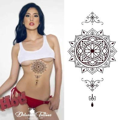 DELUSION TATTOOS TEMPORÄRES TATTOO MANDALA, LOTUSBLUME, HENNA, UNDERBOOB, DAMEN, WASSERDICHT