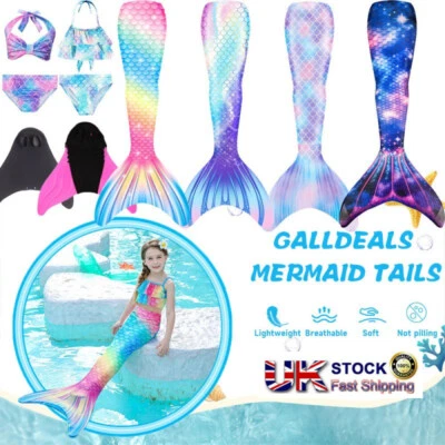 Kids Mermaid Tail With Monofin Swimmable Bikini Set Swimsuit Swimming Costume