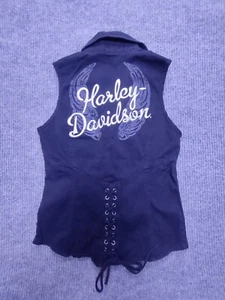 Harley Davidson Vest Women's Medium Black Zip Up Embroidered Cotton Biker Moto  - Picture 1 of 11