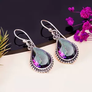 Rainbow Mystic Fire Topaz Gemstone 925 Sterling Silver Jewelry Earring, For Her - Picture 1 of 4