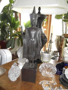 Vintage Buddah Statue Bronzed Standing Buddah Statue Wooden Base - Picture 1 of 9