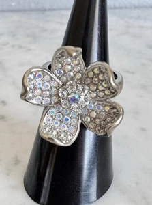 Vintage Carolee Pave Aurora Borealis Crystal Silver Tone Flower Ring Size 8 - Picture 1 of 12