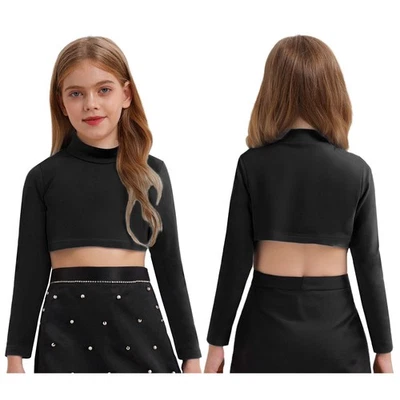 Kids Girls Tops Long Sleeves T-Shirts Turtleneck Crop Top Athletic Sportswear - Image 1 of 4