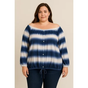 Rafaella 2X Blue White Ombre Stripe Button Front Peasant Blouse Drawstring - Picture 1 of 6