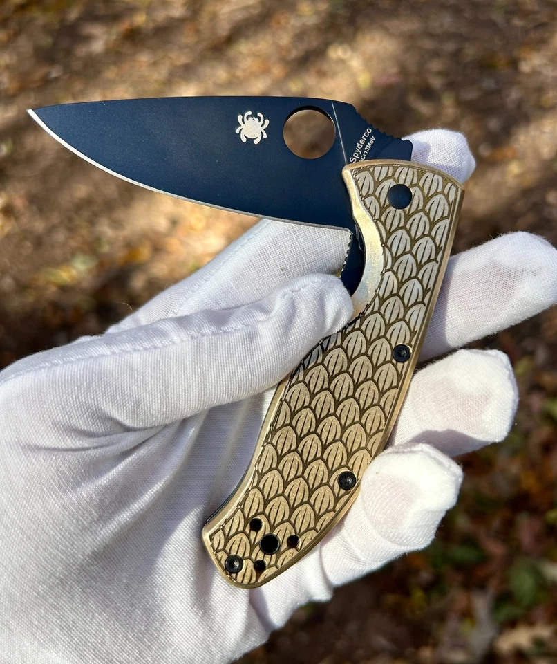 Spyderco Tenacious | Custom Brass Scales Dragon Skin | Laser Engraved - Image 1 of 4