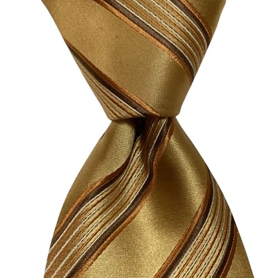 HUGO BOSS Men's 100% Silk Necktie ITALY Designer STRIPED Gold/Orange/Brown NWD - Image 1 of 3