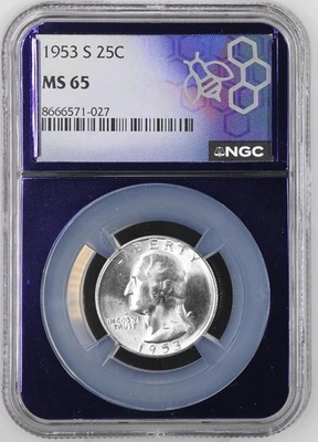 1953-S 25C Washington Quarter NGC MS65 Traderbea Purple Core Holder - Image 1 of 2