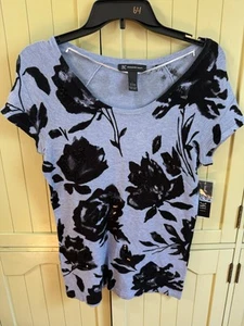 inc International Concepts Black Blue Sequin Floral Stretch Knit Dressy Top Sz L - Picture 1 of 8
