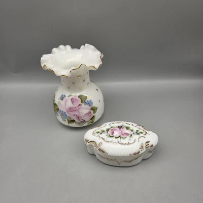 Vintage Fenton Charleton Rose Ruffled Milk Glass Vase and Trinket Box 1940-50's - Image 1 of 4