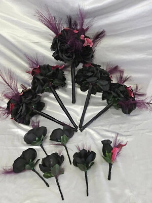 Black & purple Wedding Bouquet Set - Image 1 of 4