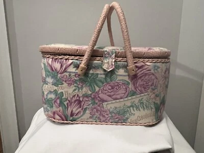 SEWING BASKET- VINTAGE- LARGE FLORAL WITH REMOVABLE TRAY/ FOOTED BOTTOM - Image 1 of 4