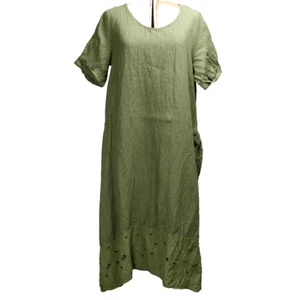 Rosemarine Linen Midi Dress Made in Italy Eyelet Hem Short Sleeve Dress Olive L - Picture 1 of 21