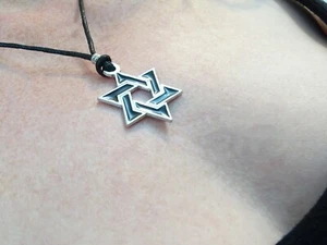 Stylized Black Enamel Chrome Star Of David Pendant Leather Adjustable Necklace  - Picture 1 of 15