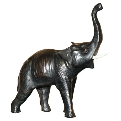 DECORATIVE LIBERTY'S LONDON OMERSA LEATHER ELEPHANT FOOTSTOOL STOOL GLASS EYES - Image 1 of 4